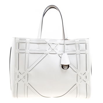 Pre Owned Dior White Cannage Detail Leather Shopper Tote with Pouch 