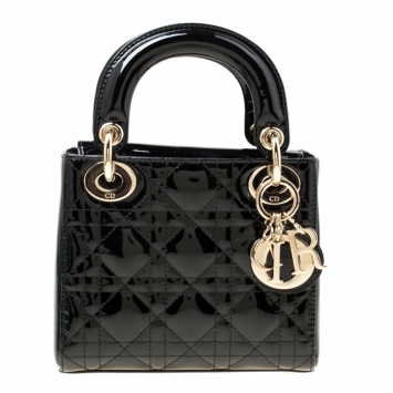 Pre Owned Dior Black Patent Leather Mini Chain Lady Dior Top Handle Bag