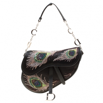 Pre Owned Dior Black Satin Mini Limited Edition Bead Embroidered Feather Saddle Bag