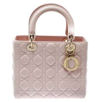 Pre Owned Dior Light Pink Leather Medium Lady Dior Top Handle Bag