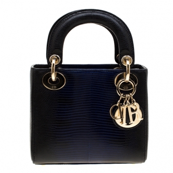 Pre Owned Dior Black/Blue Lizard Skin Leather Mini Lady Dior Top Handle Bag