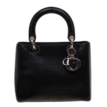 Pre Owned Dior Black Leather Medium Lady Dior Top Handle Bag