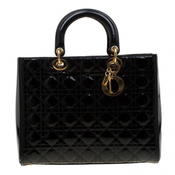 Pre Owned Dior Black Cannage Patent Leather Large Lady Dior Tote