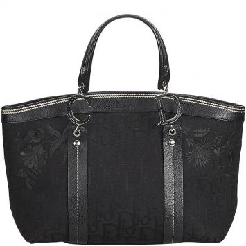 Pre Owned Christian Dior Black Embroidered Oblique Canvas Leather Everyday Bag