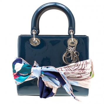 Pre Owned Dior Blue Patent Leather Medium Lady Dior Tote