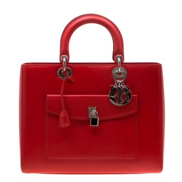 Pre Owned Dior Red Front Pocket Leather Large Lady Dior Tote