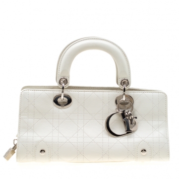 Pre Owned Dior White Cannage Leather East West Lady Dior Tote