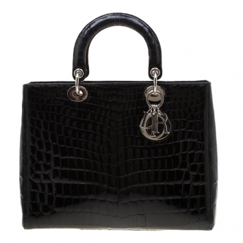 Pre Owned Dior Black Crocodile Large Lady Dior Tote