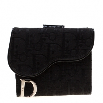 Pre Owned Dior Black Oblique Canvas Saddle Wallet