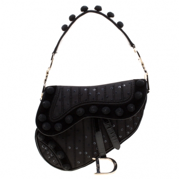 Pre Owned Dior Black Velvet/Nylon and Leather Pom Pom Embellished Saddle Bag