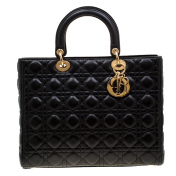 Pre Owned Dior Black Cannage Leather Large Lady Dior Tote