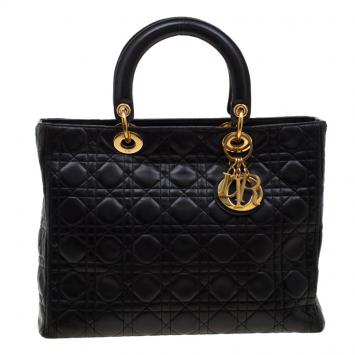 Pre Owned Dior Black Cannage Leather Large Lady Dior Tote
