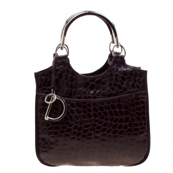 Pre Owned Dior Purple Croc Embossed Patent Leather 61 Tote 