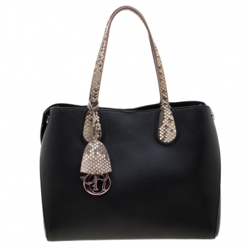 Pre Owned Dior Black Leather and Snakeskin Trims Dior Addict Shopper Bag 