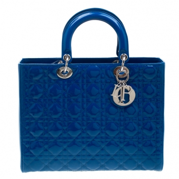 Pre Owned Dior Blue Patent Leather Large Lady Dior Tote