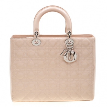 Pre Owned Dior Beige Cannage Patent Leather Large Lady Dior Tote