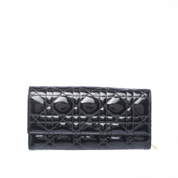 Pre Owned Dior Black Cannage Patent Leather Lady Dior Wallet on Chain