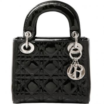 Pre Owned Dior Black Cannage Patent Leather Mini Lady Dior Tote