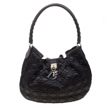 Pre Owned Dior Black Quilted Satin and Leather Charming Lock  Hobo