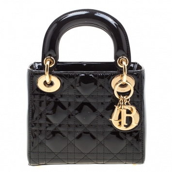 Pre Owned Dior Black Patent Leather Mini Lady Dior Top Handle Bag