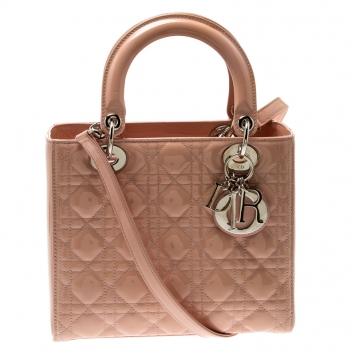 Pre Owned Dior Beige Patent Leather Medium Lady Dior Tote