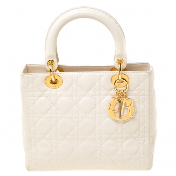 Pre Owned Dior White Leather Medium Lady Dior Tote