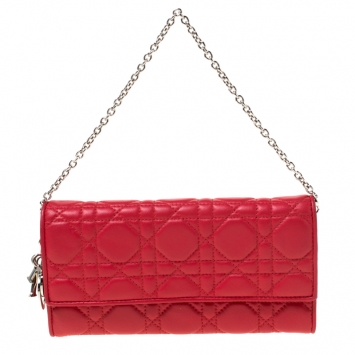 Pre Owned Dior Red Cannage Leather Lady Dior Wallet On Chain