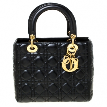 Pre Owned Dior Black Cannage Quilted Leather Medium Lady Dior Tote 