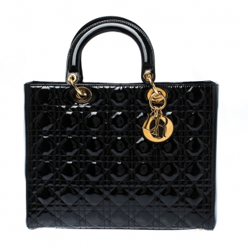 Pre Owned Dior Black Cannage Patent Leather Large Lady Dior Tote