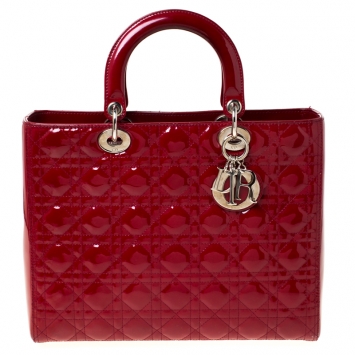 Pre Owned Dior Red Cannage Patent Leather Large Lady Dior Tote