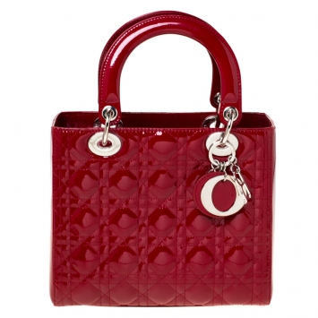 Pre Owned Dior Red Patent Cannage Quilted Leather Medium Lady Dior Tote 