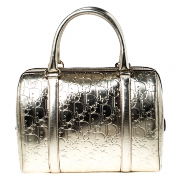 Pre Owned Christian Dior Metallic Gold Oblique Monogram Leather Boston Bag