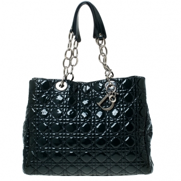 Pre Owned Dior Dark Green Cannage Quilted Patent Leather Medium Shopper Tote