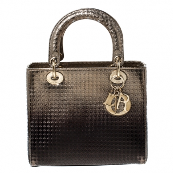 Pre Owned Dior Metallic Gold Micro Cannage Leather Medium Lady Dior Tote
