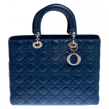 Pre Owned Dior Blue Cannage Leather Large Lady Dior Tote