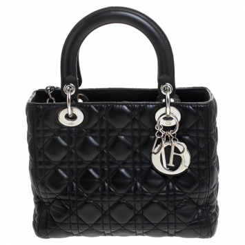 Pre Owned Dior Black Leather Medium Lady Dior Tote