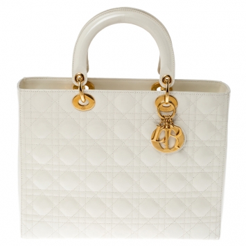 Pre Owned Dior White Cannage Patent Leather Large Lady Dior Tote