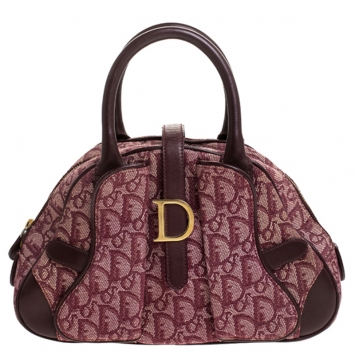 Pre Owned Dior Burgundy Diorissimo Canvas Double Saddle Bowler Bag