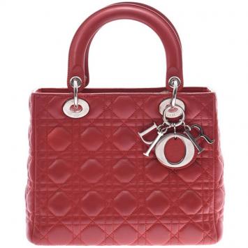 Pre Owned Dior Red Cannage Leather Medium Lady Dior Tote
