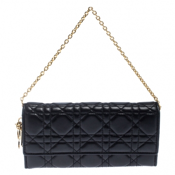 Pre Owned Dior Black Quilted Cannage Leather Lady Dior Wallet on Chain
