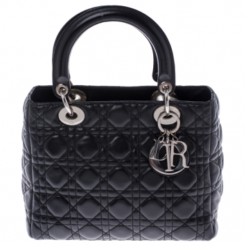 Pre Owned Dior Black Leather Medium Lady Dior Tote