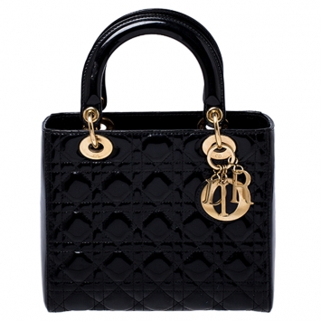 Pre Owned Dior Black Cannage Quilted Patent Leather Medium Lady Dior Tote