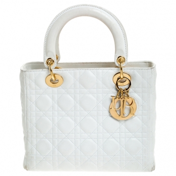 Pre Owned Dior White Cannage Quilted Leather Medium Lady Dior Tote 