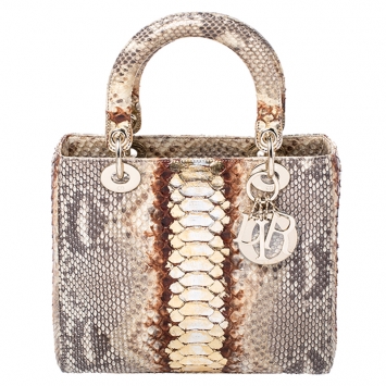 Pre Owned Dior Beige/Gold Python Medium Lady Dior Tote