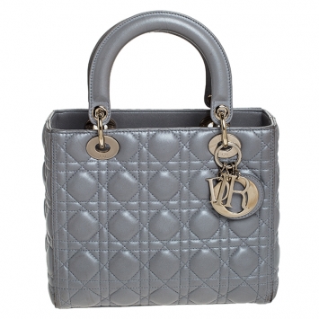Pre Owned Dior Grey Cannage Leather Medium Lady Dior Tote 