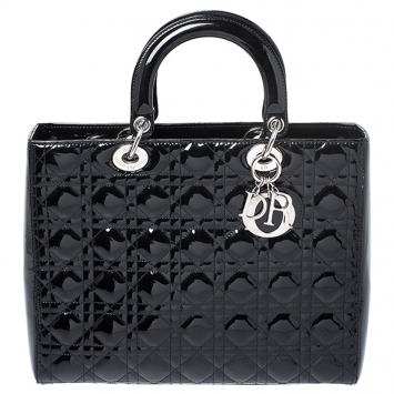 Pre Owned Dior Black Patent Leather Large Lady Dior Tote