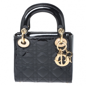 Pre Owned Dior Black Patent Leather Mini Lady Dior Tote