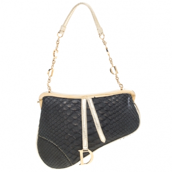 Pre Owned Dior Black/Gold Python and Leather Mini Saddle Bag
