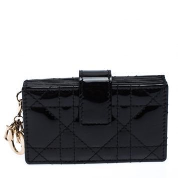 Pre Owned Dior Black Cannage Patent Leather Gusset Card Holder