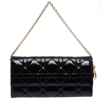 Pre Owned Dior Black Cannage Patent Leather Wallet on Chain